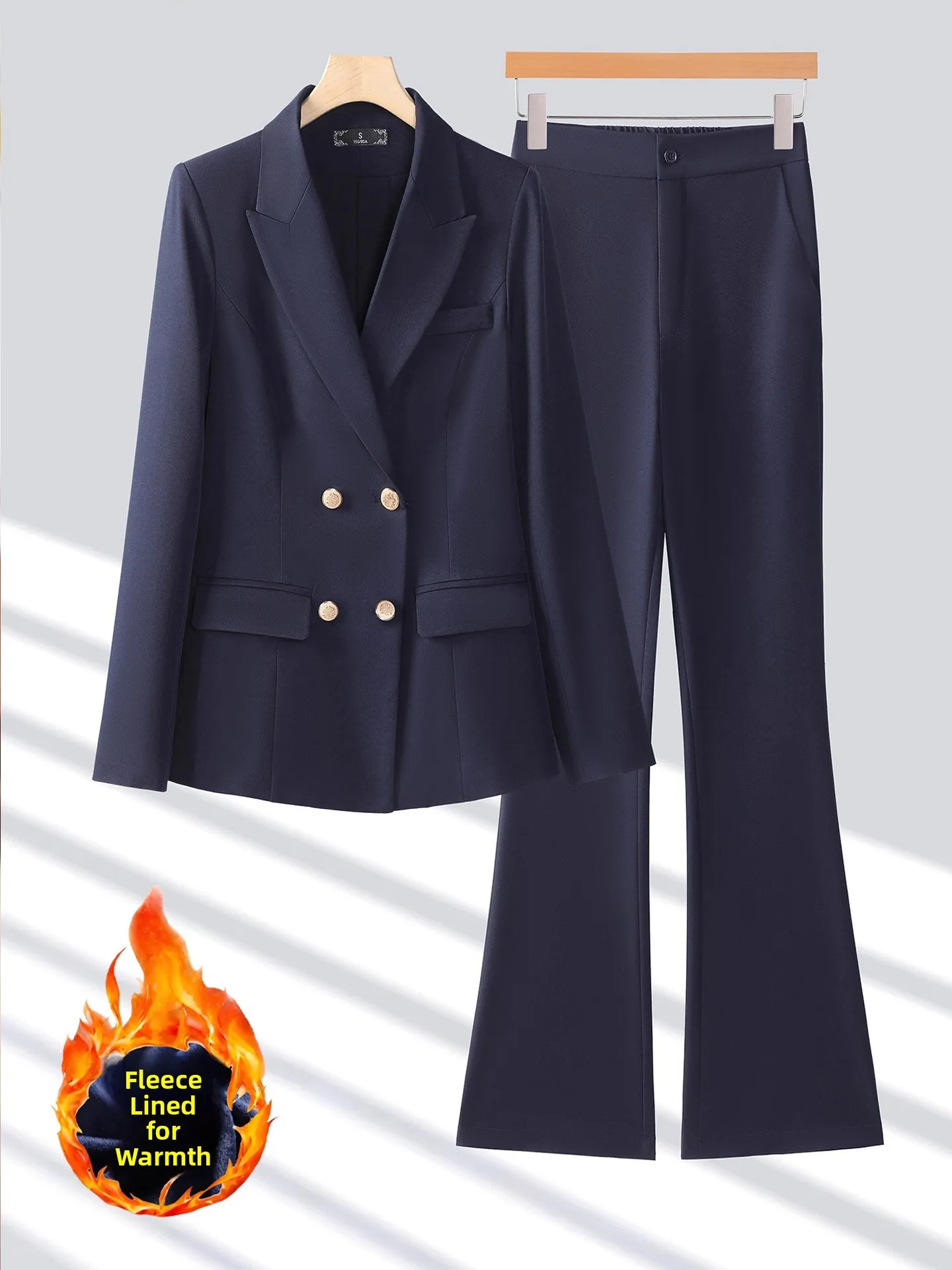 

Утепленный флисовый зимний костюм для женщин: профессиональный деловой комплект для собеседований, теплая верхняя одежда с длинными рукавами и брюками, смесовая ткань из полиэстера