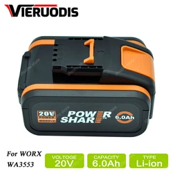 100% NEW Worx WA3553 20V 6.0Ah Battery Cordless Power Tool Spare Batteriies WA3572 WA3553 WX390 WA3551 WX176 WX178 Battery