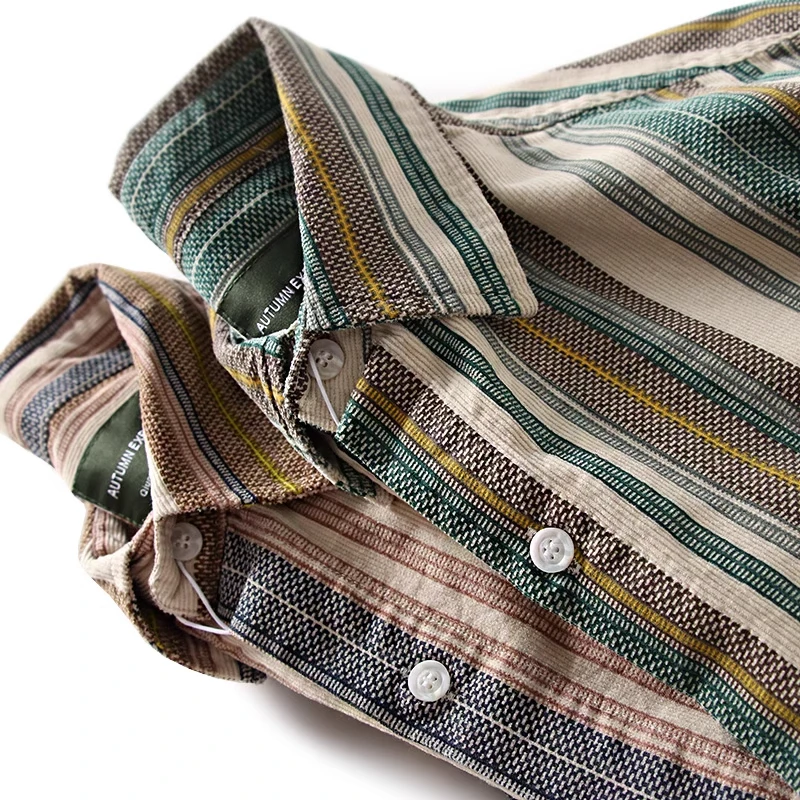 

Loose Fit Long Sve Men's Workwear irt Classic Retro Japanese Sle Corduroy Pure Cotton Striped Jaet Autumn Breathable