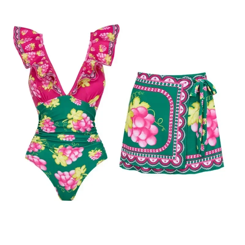 Dames Zomer Bikini Set Badmode 2Pc Cover-Up Badpak Met Ruche En Bloemenprint Uit Één Stuk Monokini Kimono Pak Zomer Strand