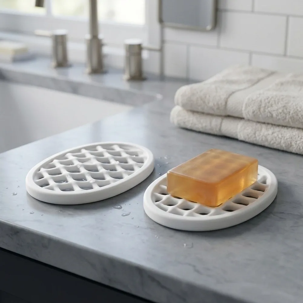 Self-Draining Soap Dish 2 Pack Made from Flexible Odor-Free Silicone with Drainage-Focused Geometry for Bar Soap Preservation