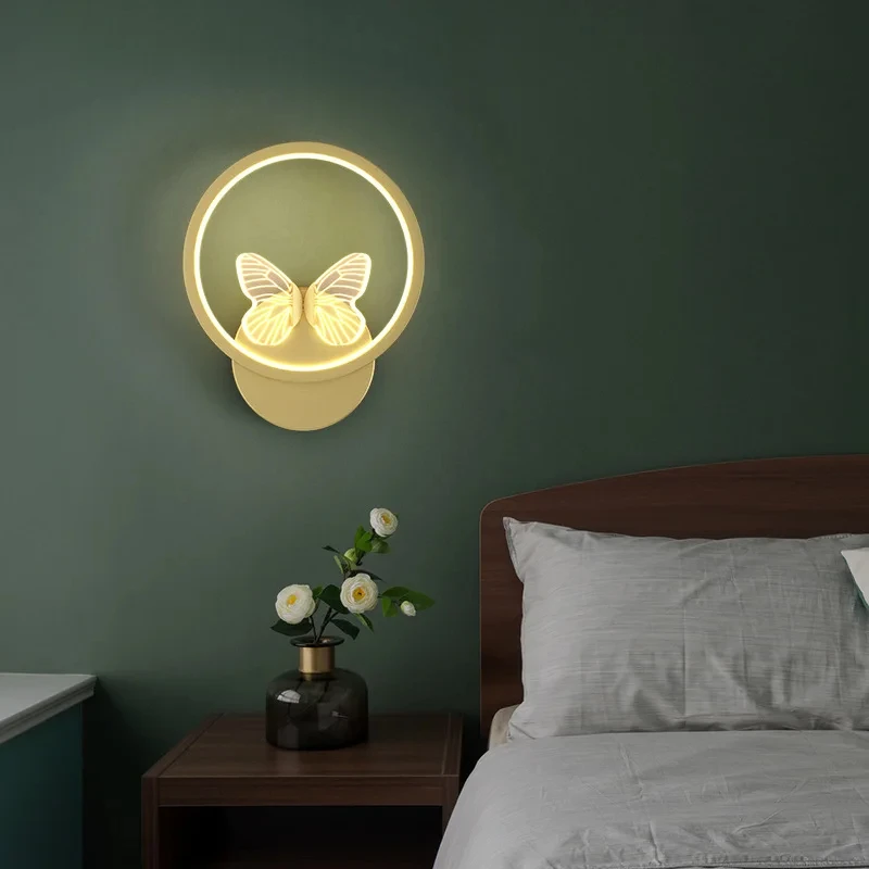 NEW Creative Golden Background Indoor Butterfly LED Wall Lamp for Living Dining Room Bedside Home Decor Corridor PS26SD