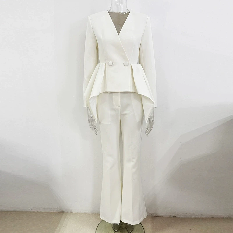 

New Fashion Style Commuter Lotus Leaf Pendant Slim Long Sleeve V-Neck Jacket Top+Micro Pull Long Pants Two Piece Set