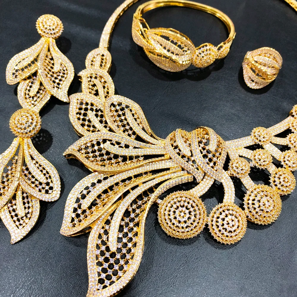 

Soramoore 4 PCS Noble Luxury Gorgeous Necklace Bangle Earrings Ring Jewelry Set For Bridal Actor Dancer Accessories Jewelry