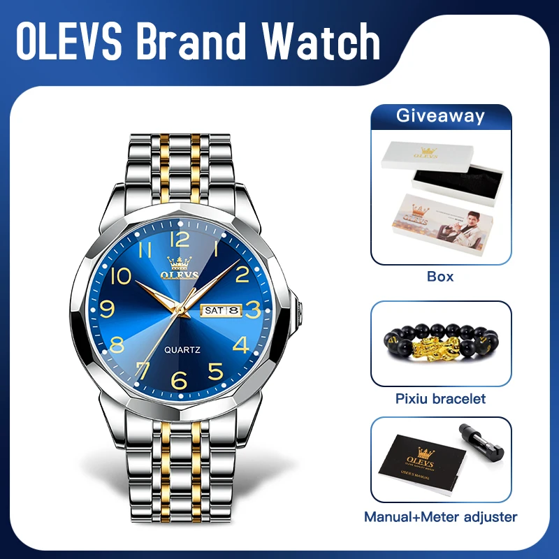 

OLEVS 9970 Mens Watch Original Rhombus Mirror Quartz Watch Waterproof Luminous Dual Calendar Display Watch Mens Gifts Reloj