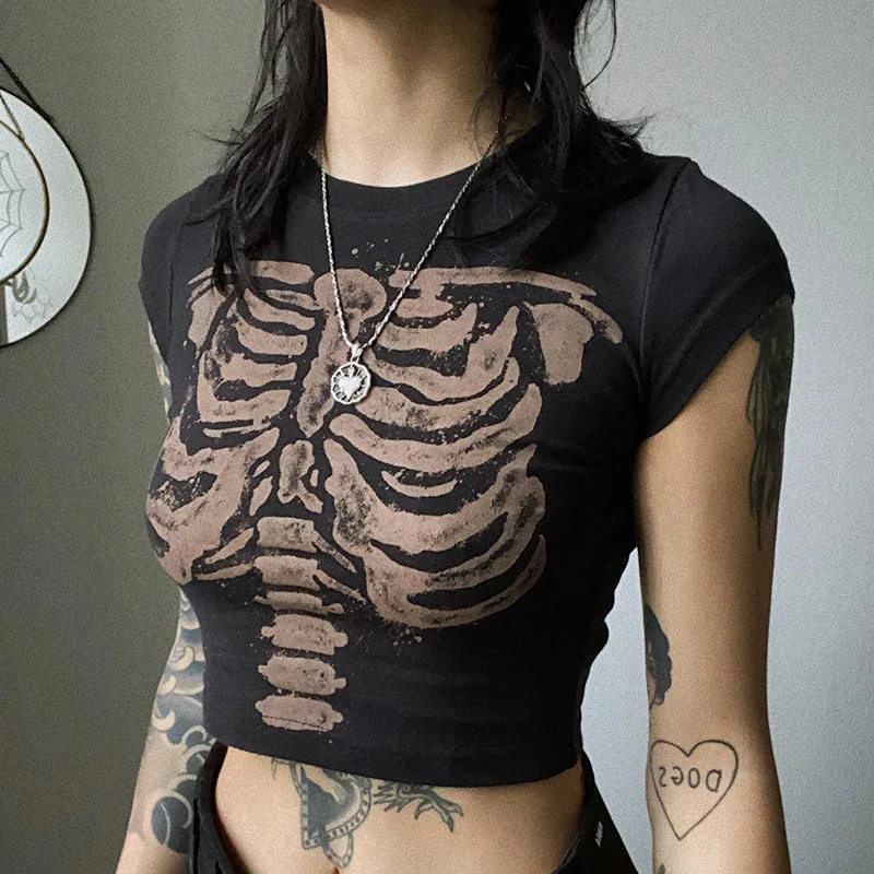 Retro Dark Wind Round Neck Skeleton Slim High Waist Navel Blouse