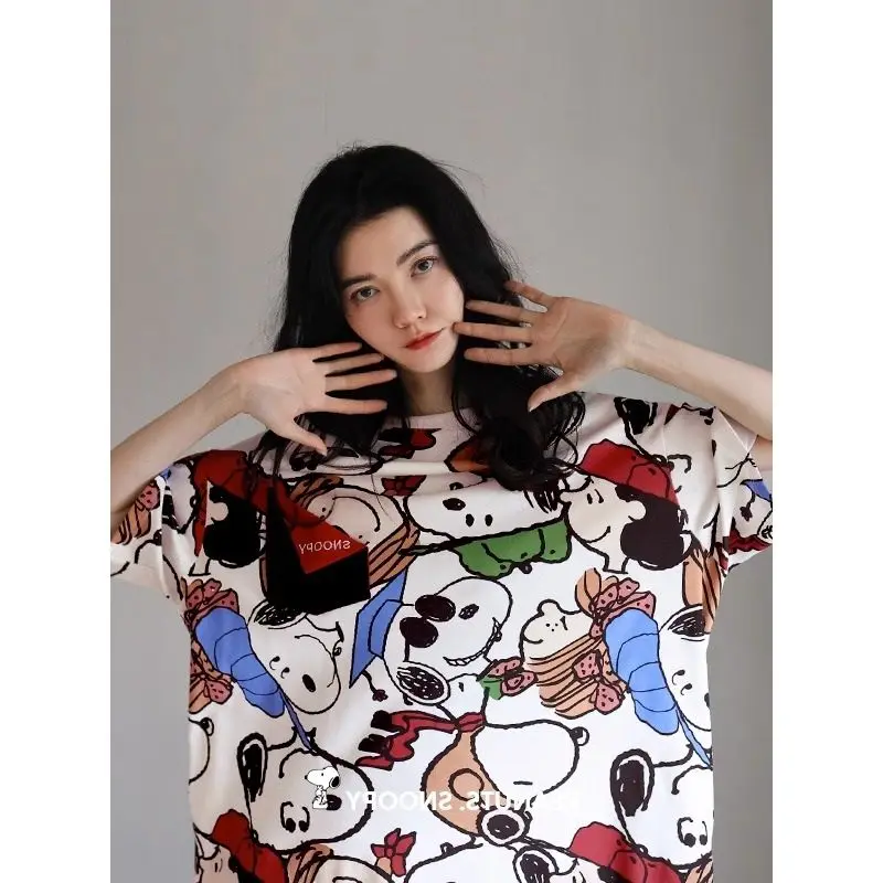 Kawaii Snoopy Large Size 2-300 Pounds Sleepwear Dress Summer Fat Mm Cute Girl Short Sleeved Casual Wear Home Furnishings Gift