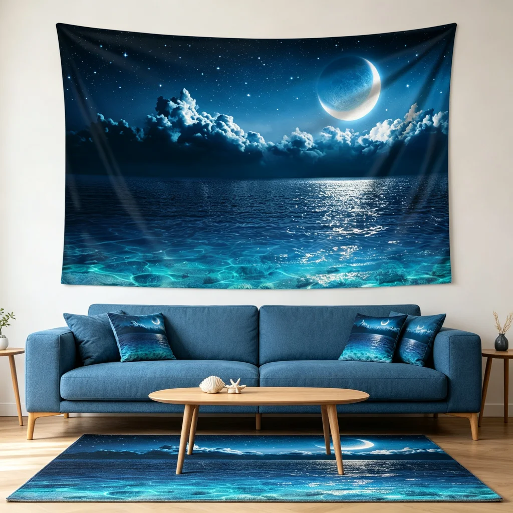 1PC Moon Ocean Starry Night Print Backdrop Banner, Bedroom Living Room Photo Background, Polyester, Home Decor, Wall Art