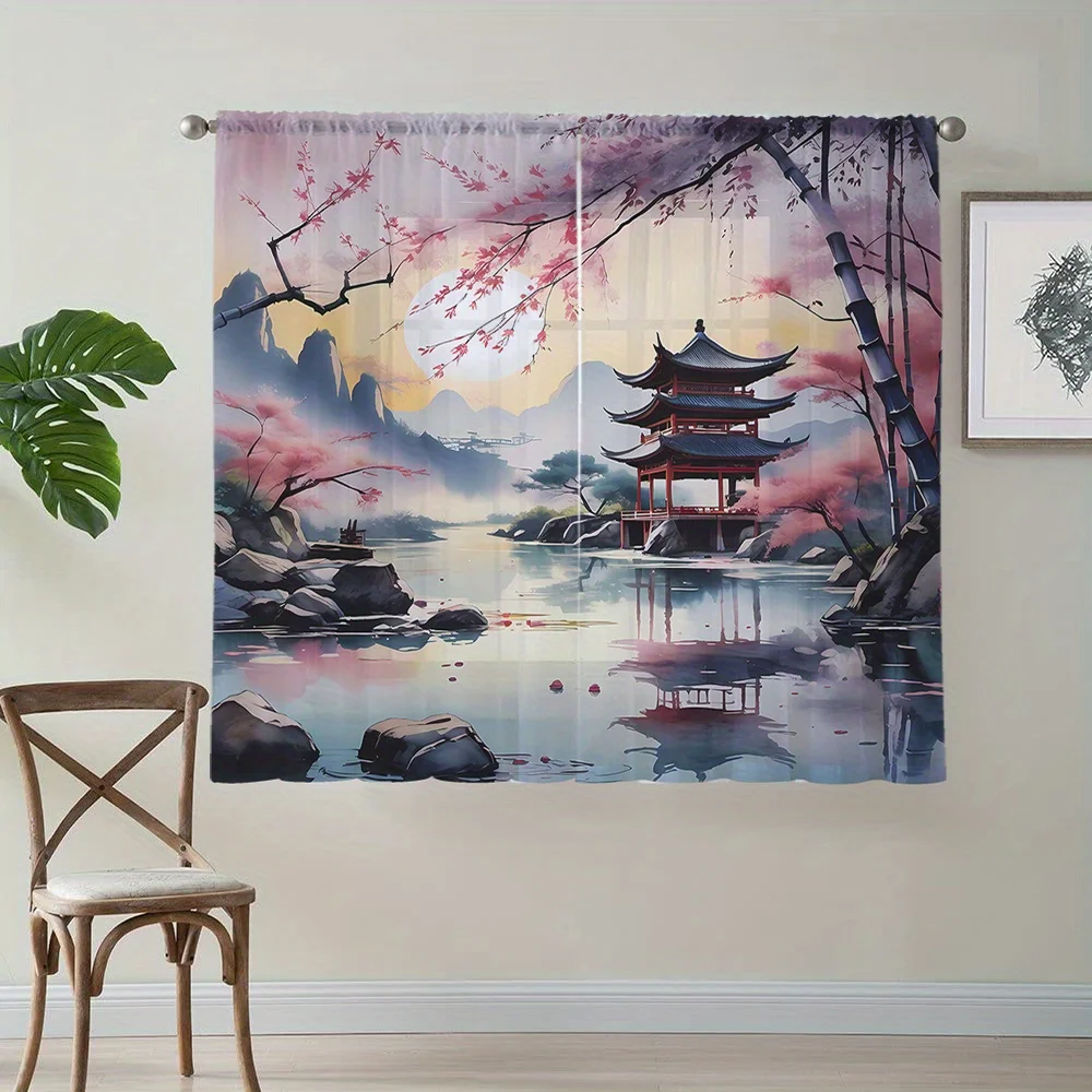 Stunning Chinese Pagoda Landscape Curtain Window Treatment Asian Blossom Scenic Watercolor Tapestry Home Decor Sheer Curtain