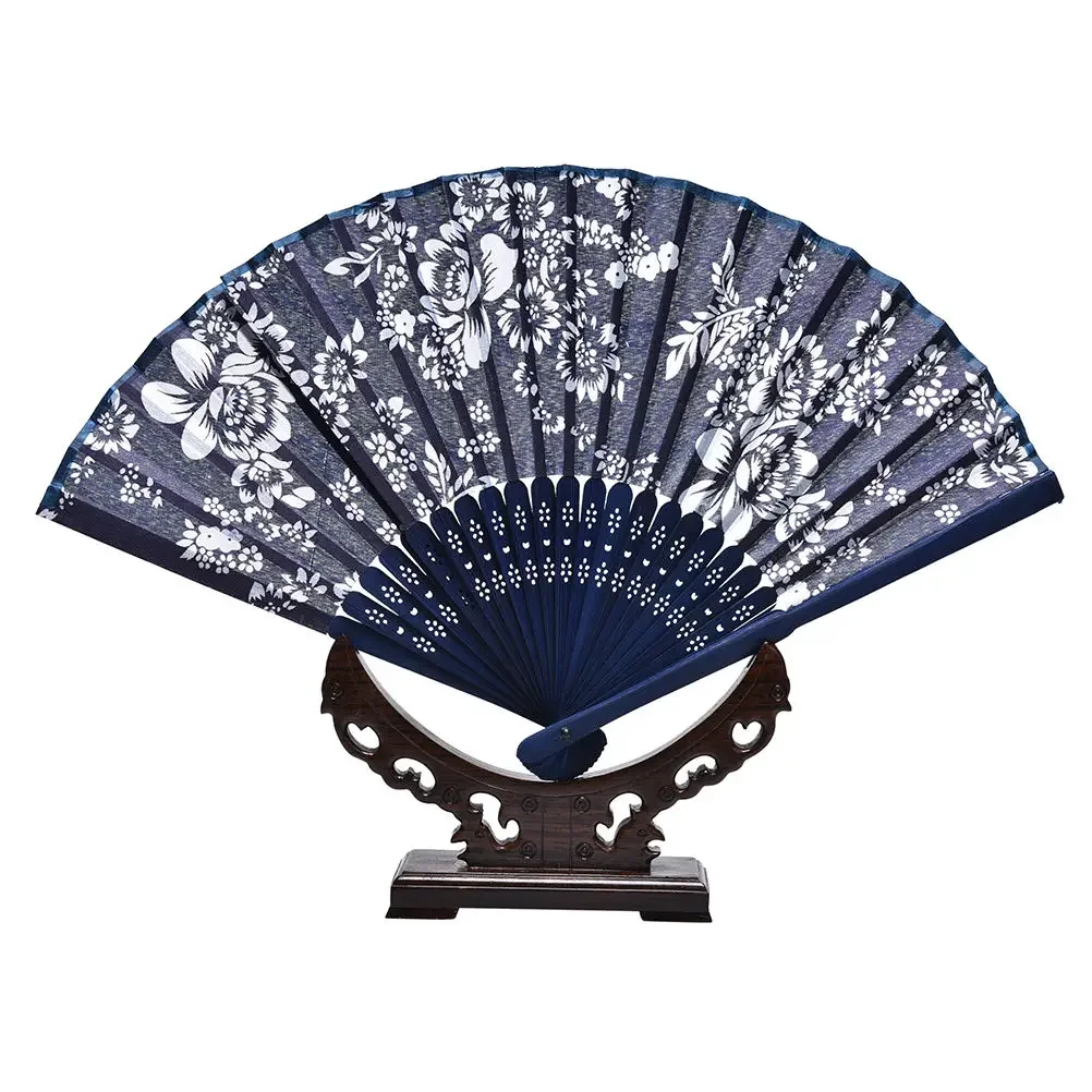 Chinese Style Blue Fabric Hand Folding Fan Cool Summer Classical Flower Design Wedding Party Favor Decor Batik Blue Flower Fan