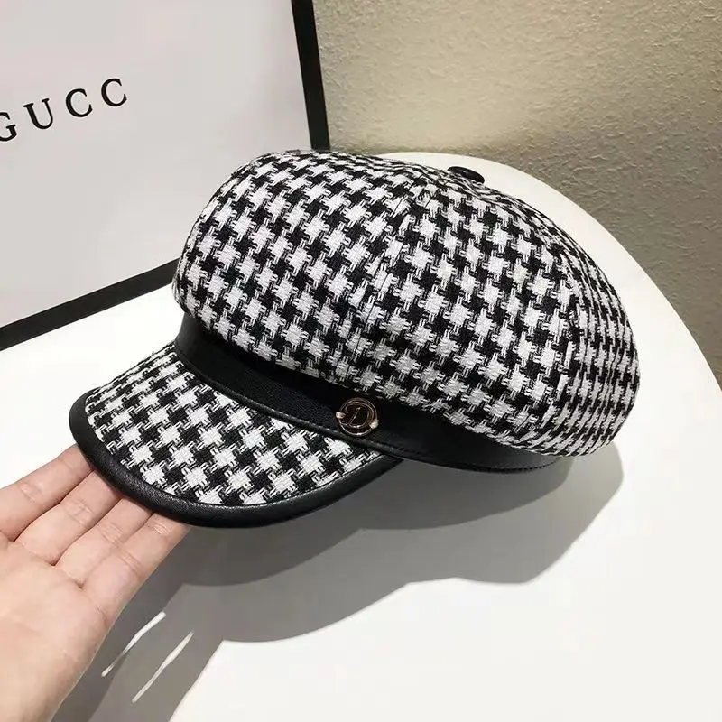 Fashion Woman\'s Houndstooth Beret Hat Ladies Higt Quality Octagonal Hat Girl Vintage Autumn Winter Painter Cap Female Koren Hat