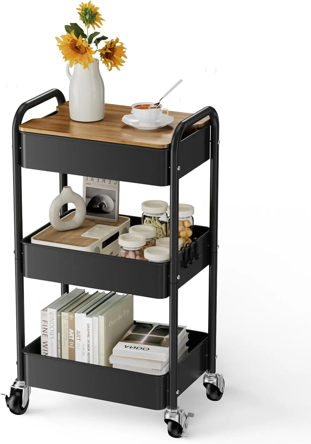 

3-Tier Rolling Cart with Table Top, Metal Utility Cart with Locking Wheels for Office, Kitchen, Bathroom