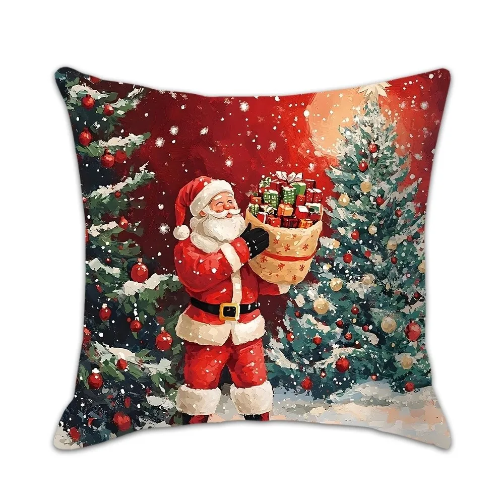 Santa Claus & Snowman Christmas Pillowcase Polyester 45*45cm Cushion Slipcover Festive Holiday Decor Square Throw Pillow Cover