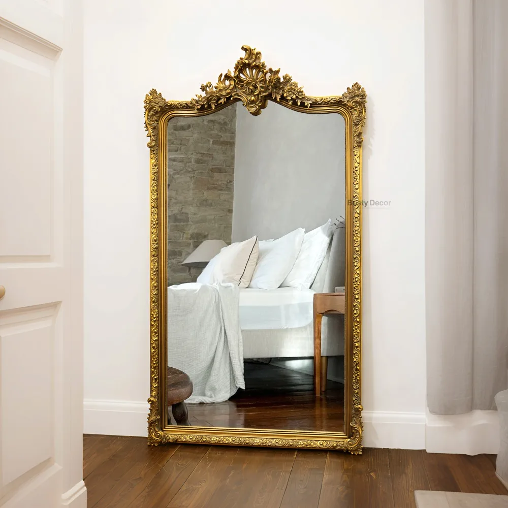 Wholesale handmade luxury floor-standing mirror decorative wooden frame home decorative mirror antique gold baroque