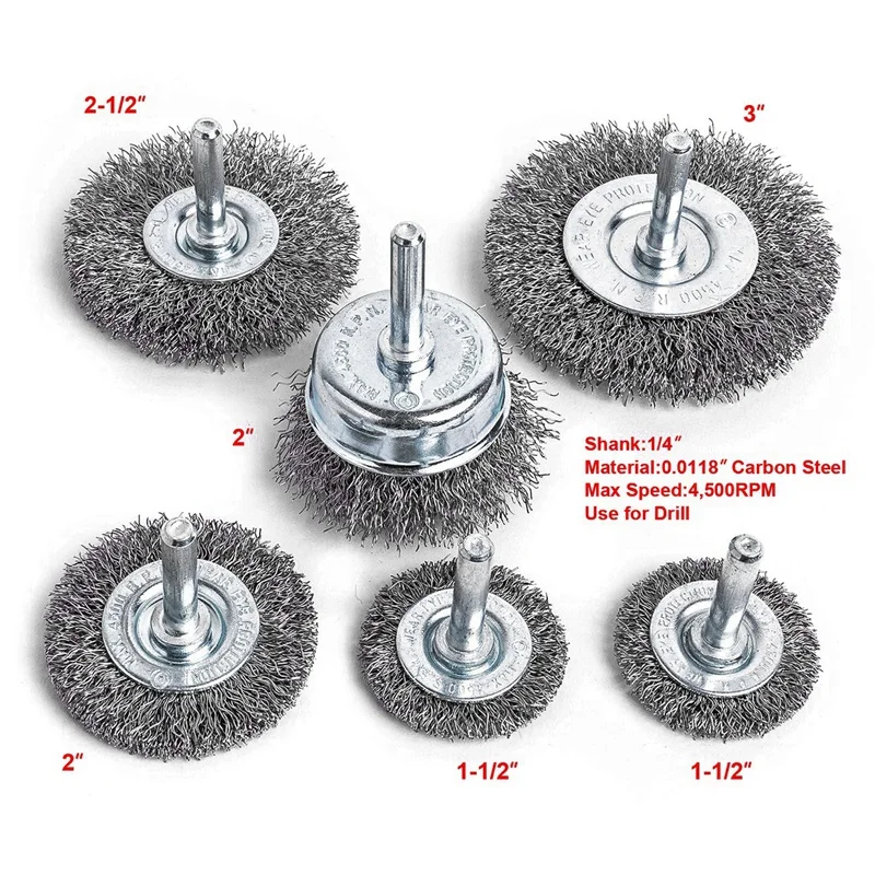 6Pcs 1/4 Inch Arbor Cleaning Rust Drill Attachment Stripping Professional Crimped Steel Wire Wheel Cup Brush Set Polishing Mini