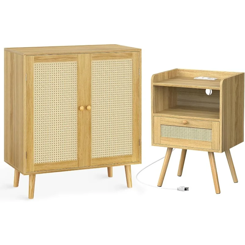 

Buffet Cabinet with Storage and SUPERJARE Nightstand with Charging Station & Rattan-Like Decor Drawer for Bedroom