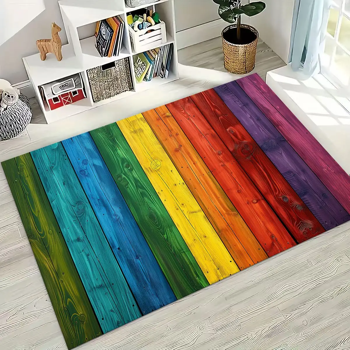 

Rainbow Retro Wooden Board Black Brown Wood Grain Rug for Bedroom Living Room Sofa Home Doormat Decor,Large Non-slip Floor Mat