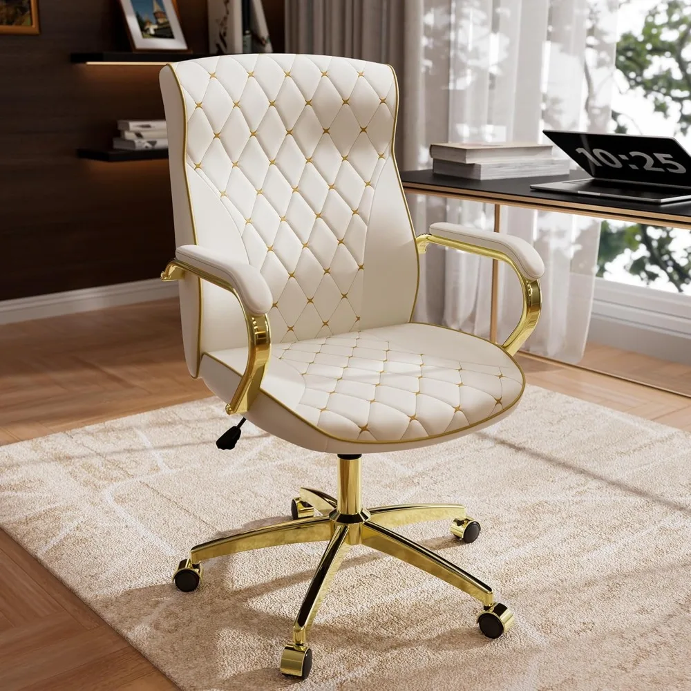 

White and Gold Office Chair with Soft Leather Embroidery, Mid Back Vintage Swivel Executive Desk Chair with Wheels and Padded Ar