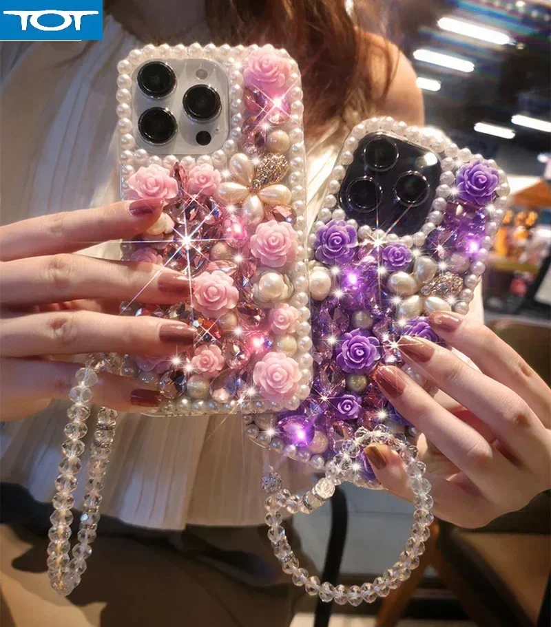 

Deluxe Diamond Pearl Flower Phone Case Suitable for iPhone 16 15 14 Pro Max 13 12 11 X XR XS 3D Flower Transparent Bracelet Case