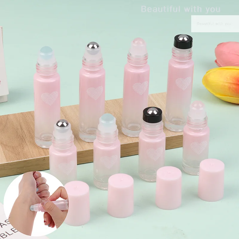 Thick Glass Roll On Bottles 5/10ml Gradient Color Empty Bottle Roller Ball Bottle For Essential Oil Travel Kit Love Shape Pink