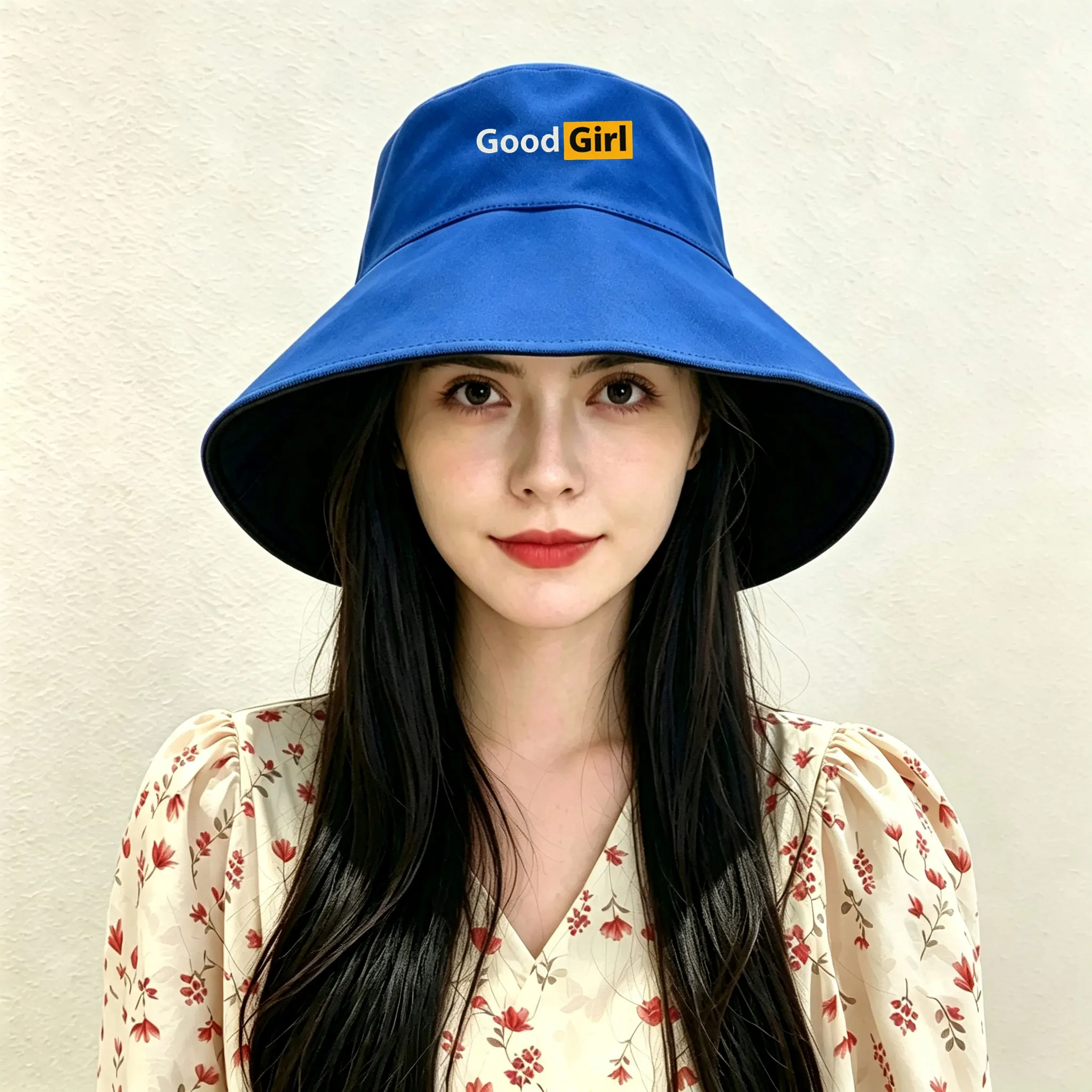Good Girl Printed Four Seasons Unisex Large Brim Fishing Cap UV Protection Double Sided Face Covering Sunscreen Hat