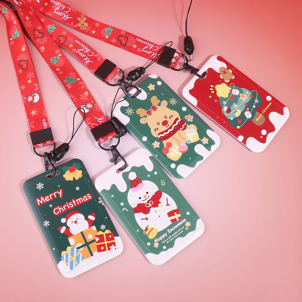Christmas ID Card Holder with Lanyard Cute Santa Reindeer Snowman Tree Badge Holder Neck Strap Card Case Holiday Gift