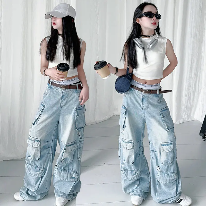 spring summer teenager girls Cargo jeans Casual junior kids Multi pocket floor length pants Fashion child outfits clothes vest