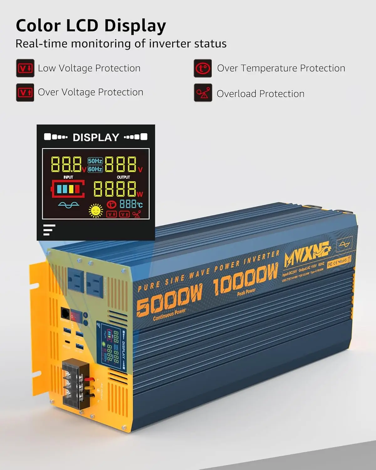 5000 Watt Power Inverter Pure Sine Wave 24V DC to 110V 120V 10000W Peak Heavy Duty Inverter with Remote Control and LED Display