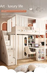 Bed, Desk, Two Layer Combination Bed, High and Low Bunk Bed with Wardrobe, Elevated Double Layer Children's Bed Wooden Bed