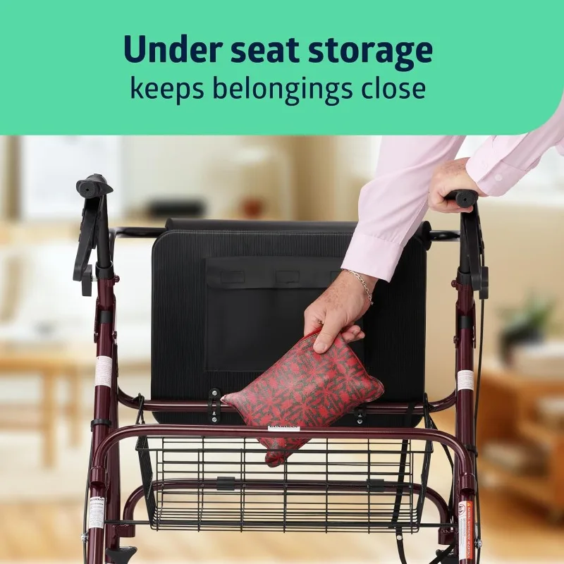 مشاية كبيرة جدًا من الألومنيوم بعرض للغاية مع مقعد، عنابي، 400 رطل. سعة الوزن، قابلة للطي، تحت المقعد S #5