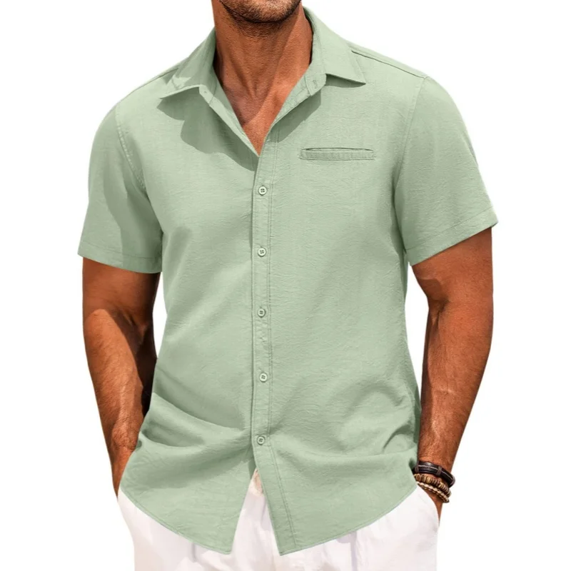 

Summer Men's Solid Color Flip Collar Short Sleeve Button Up Shirt Oversized Fashion Casual Loose Shirt