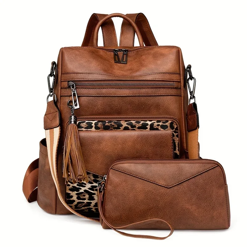 Two Pieces Vintage Women's Backpack with Clutch Large Capacity Leopard Block Design with Tassel Stain Resistant Leather