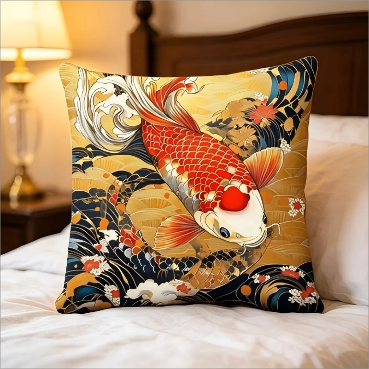 Japanese Golden Red Koi Fish Wave Floral Double Sided Throw Pillow Decor Cushion for Sofa Couch, Lucky Wealth Symbol Home Decor