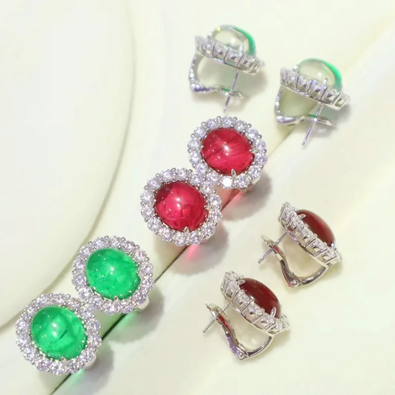 

ZOCA S925 Sterling Silver Oval Shape Ruby Red Green Emerald Stud Earrings Women Luxury Jewelry Gift Wedding