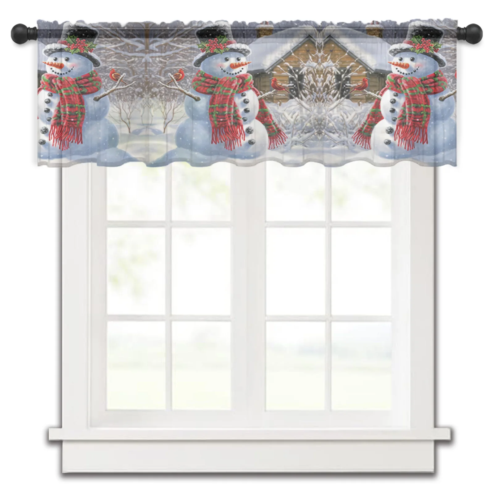 Christmas Snowman Bird House Short Tulle Curtains for Kitchen Cafe Sheer Voile Half-Curtain for Bedroom Doorway