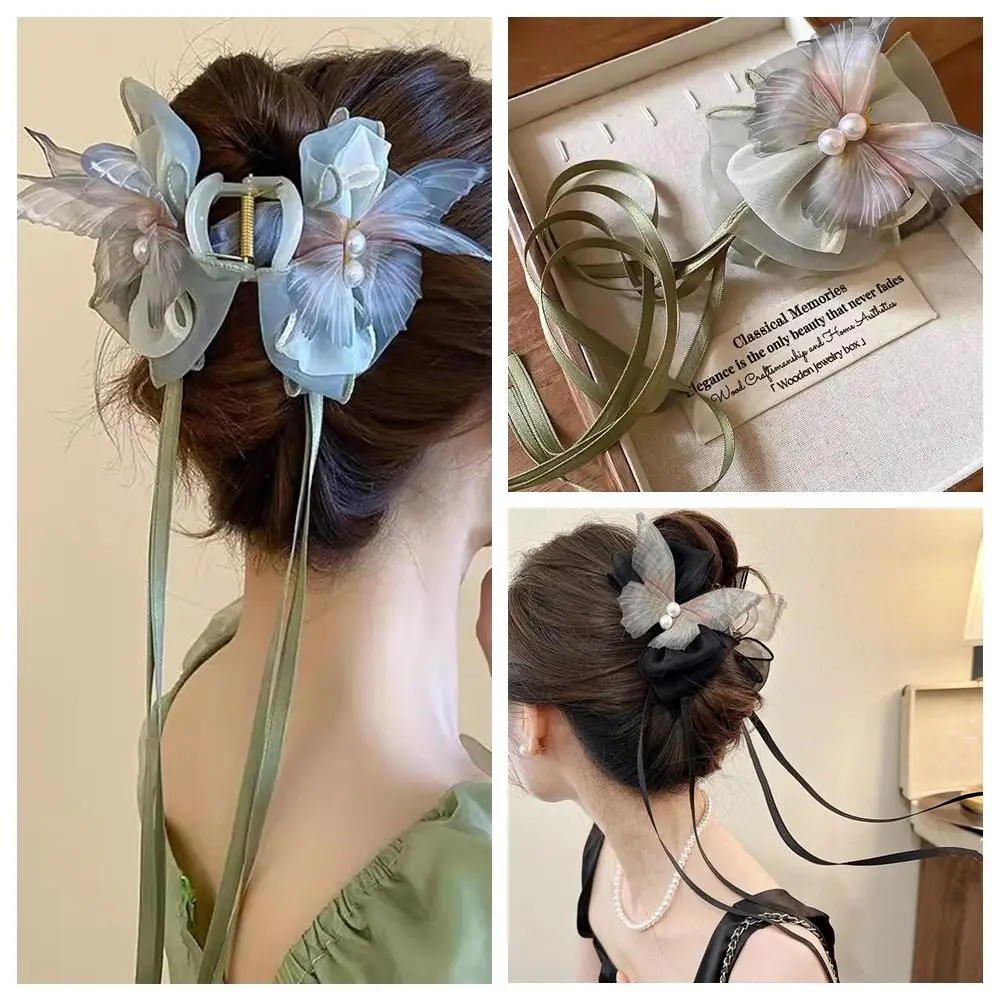 

Персонализированная кисточка-бабочка, коготь для волос, акриловая сетка, лента с бантом, заколка для волос в китайском стиле, жемчуг, большой коготь для волос, женский