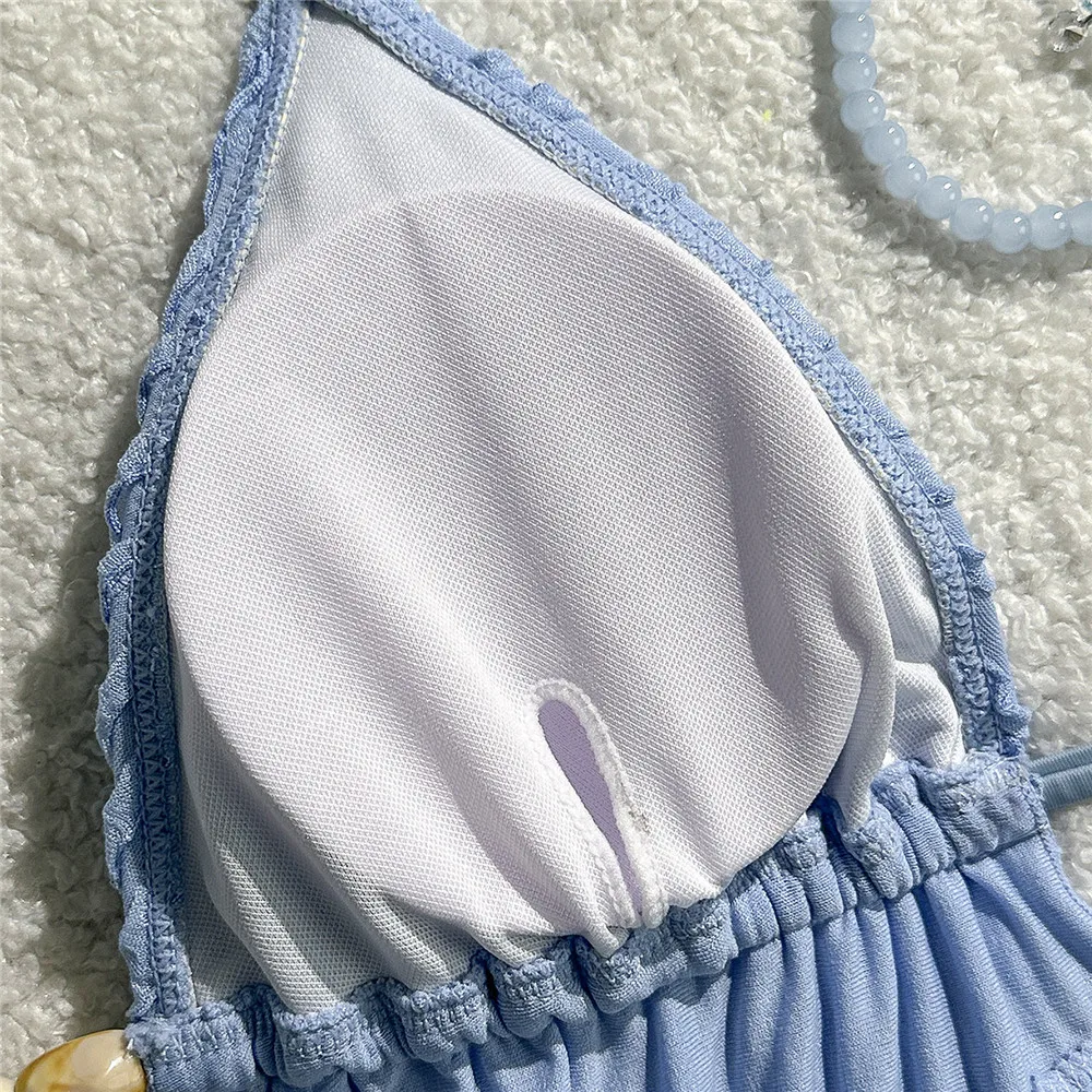 Bikini Sexy con cuentas y cuello Halter, microtanga, traje de baño para mujer, Top corto, traje de baño fruncido azul cielo, conjuntos de Bikinis, traje de baño 2026