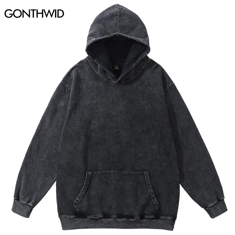 Vintage Blank Hoodie Streetwear Hip Hop Solid Color Washed Hooded Sweatshirt 2023 Men Harajuku Fashion Cotton Oversized Pullover