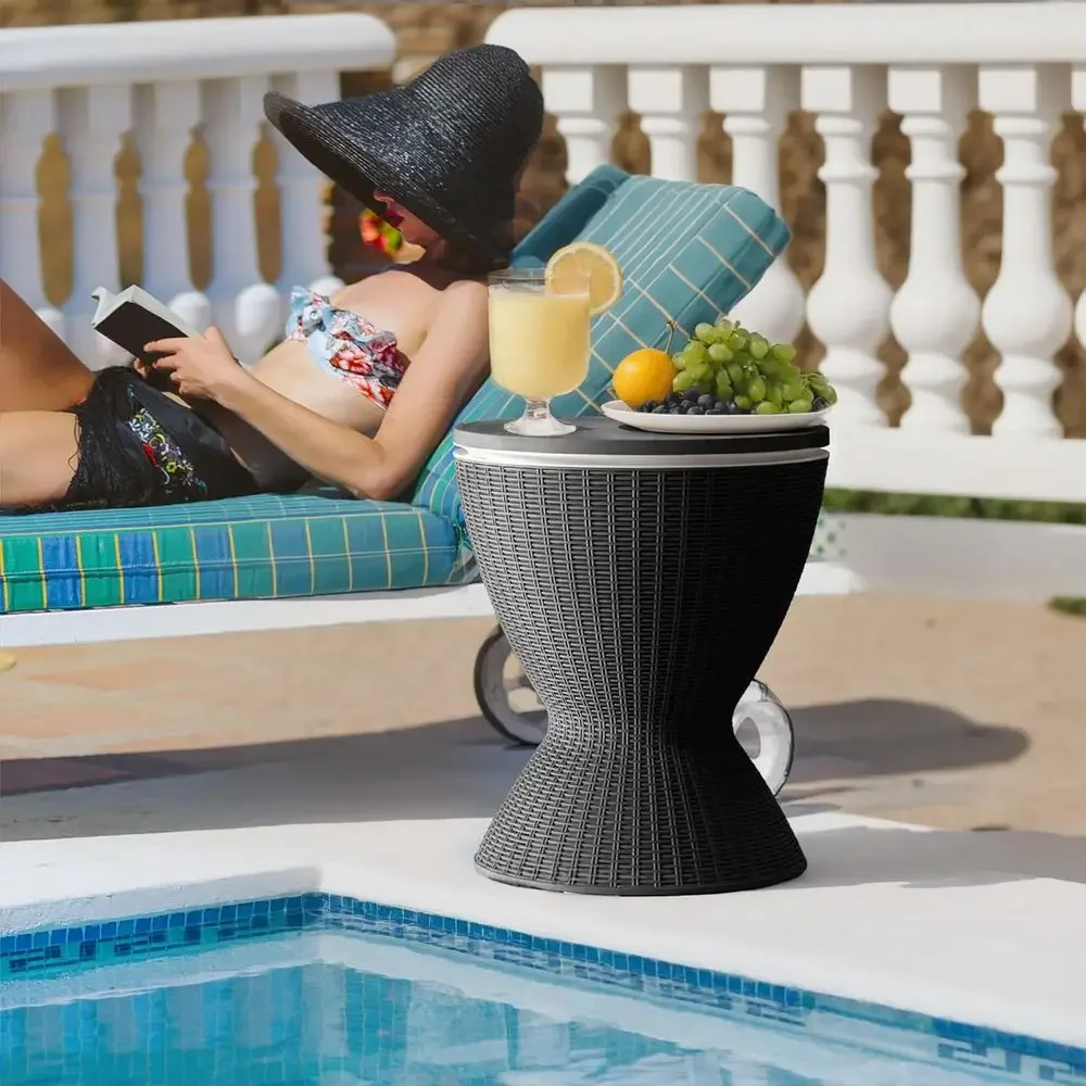 Portable Outdoor 8 Gallon Cooler Table with Side Table, 3-in-1 Rattan Style, Sturdy, Waterproof & UV-Resistant, Easy Assembly &