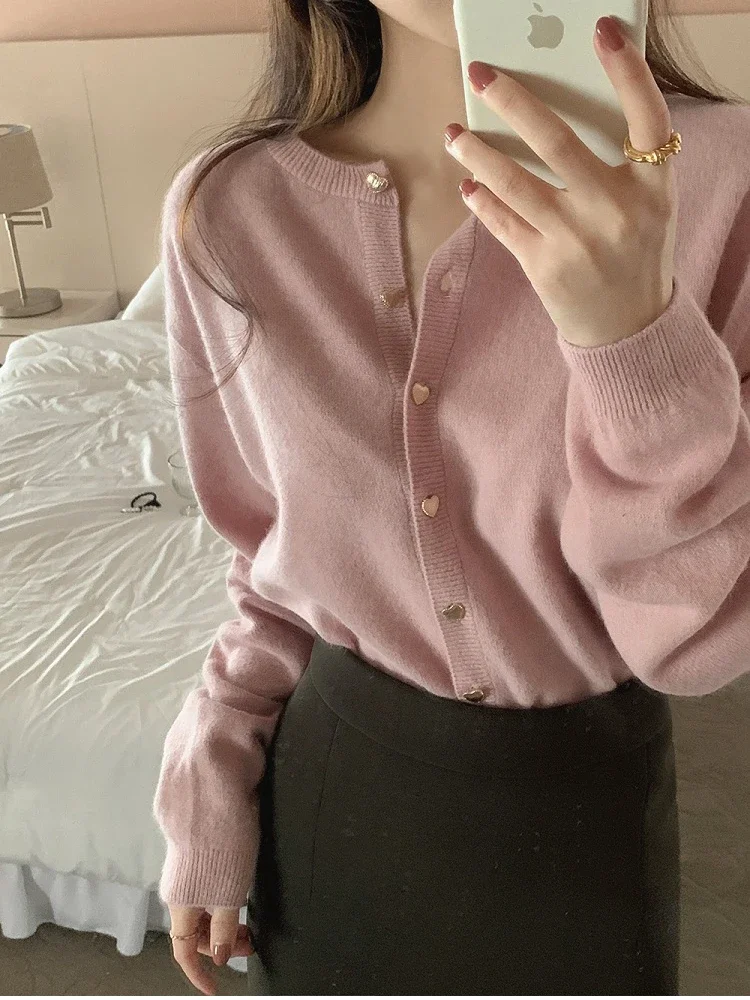 Cardigan Women Pink Sweet Girl Love Buttons Design Sweaters Autumn All-match Age-reducing Korean Trendy Daily Leisure Prevalent