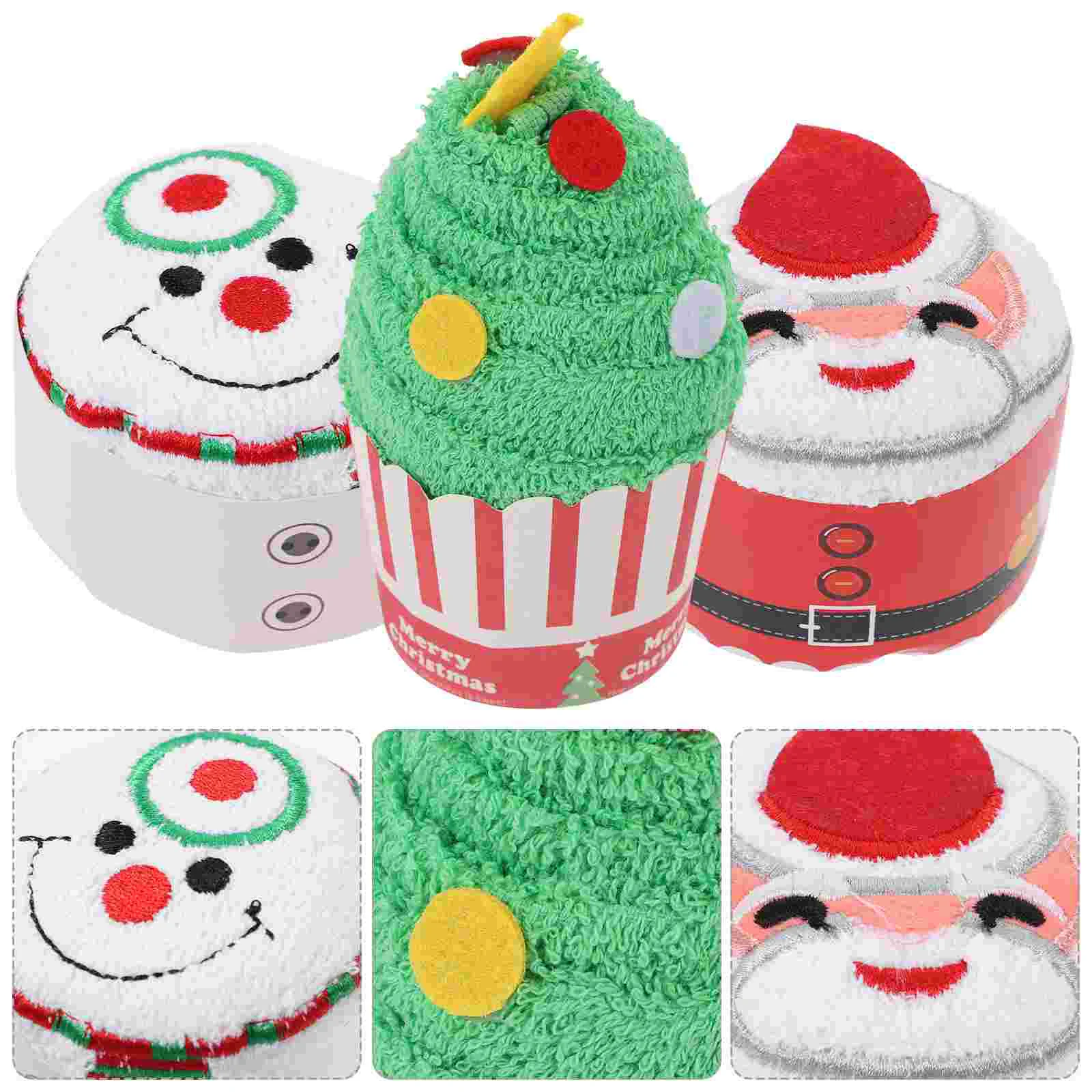 3 Pcs Christmas Towel Tree Towels Cake Modeling Cotton Washcloth Xmas Cupcake Modelling Pure Face Festive Holiday