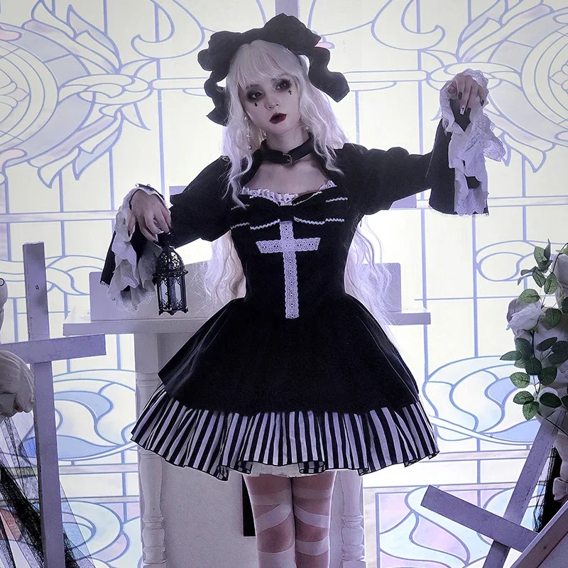 Vestido gótico de Lolita para mujer, minivestido de princesa de terciopelo negro con lazo Kawaii para Halloween y fiesta