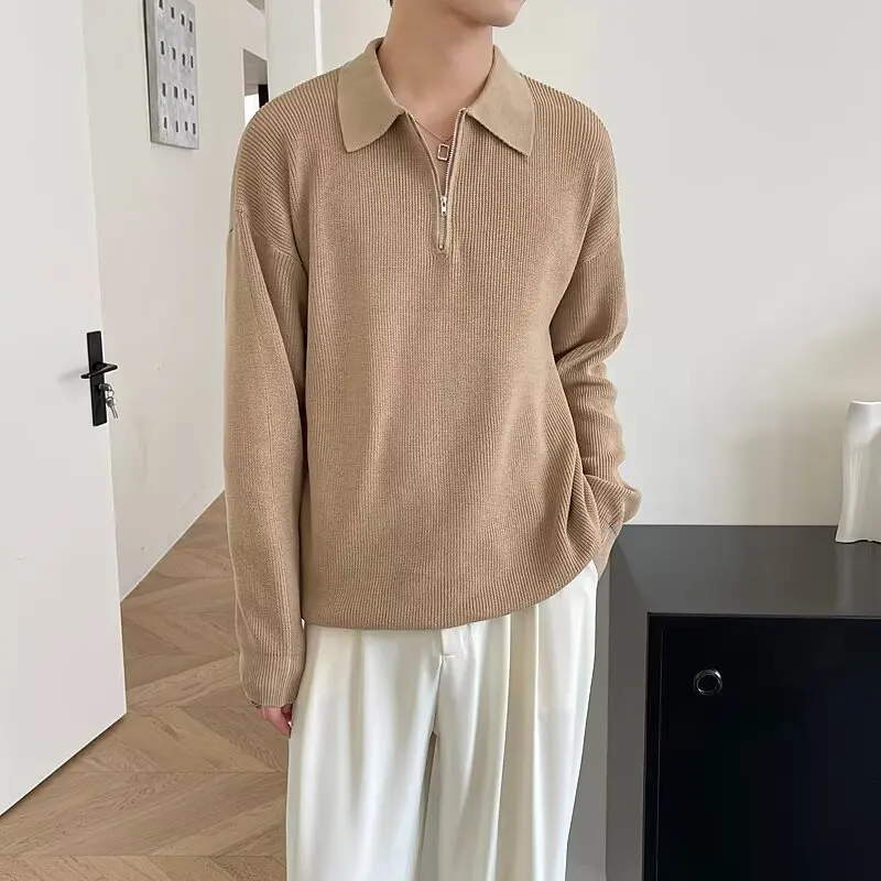 

Однотонный свитер с воротником-поло в американском стиле, ленивый элитный топ, вязаный топ на молнии до половины, повседневный базовый слой, мужская внутренняя часть