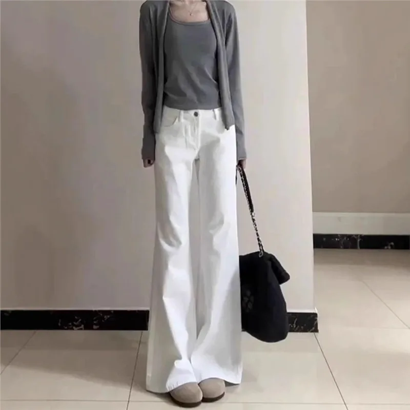 High Waist White Bell Bottom Jeans Women's Loose Fit Casual Floor Length Pants Autumn Winter Simple Style Denim Skinnier