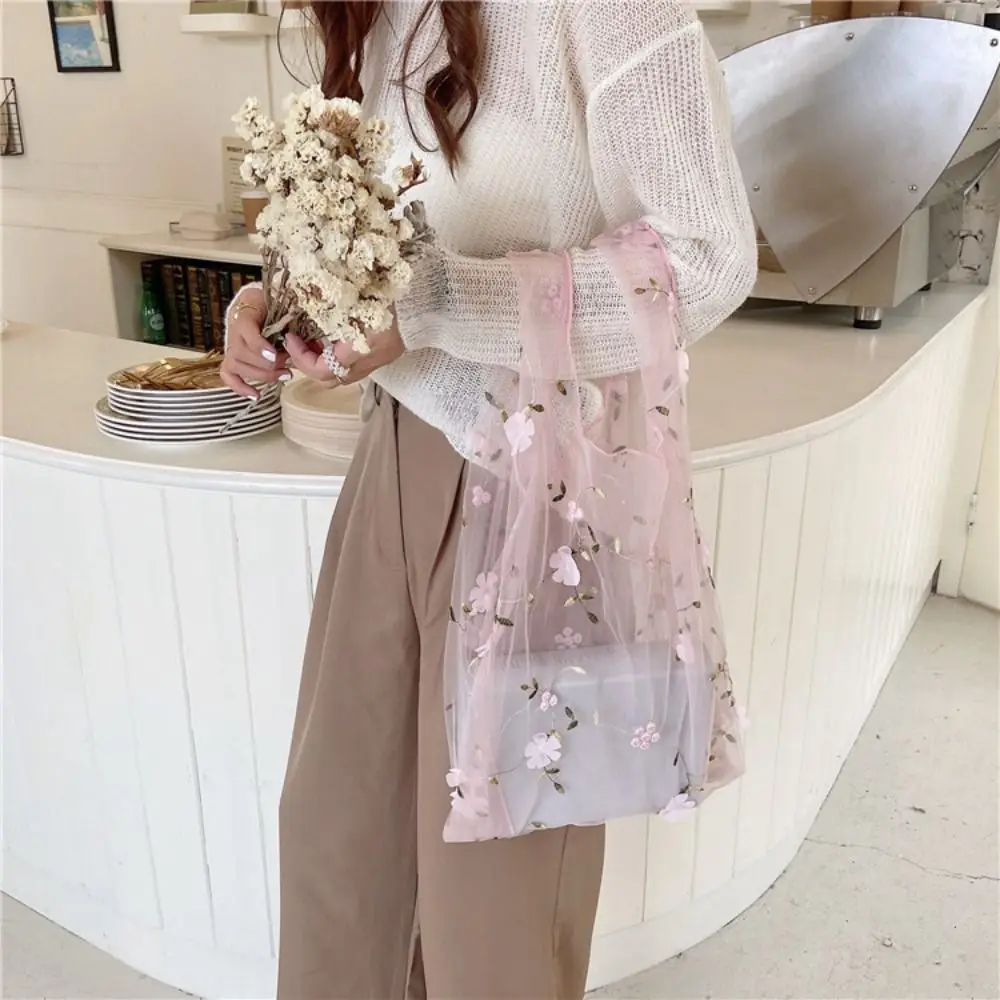 Large Capacity Transparent Handbag Simple Flower Cloth Embroidery Bag Mesh Storage Bag Shopping Bag Travel