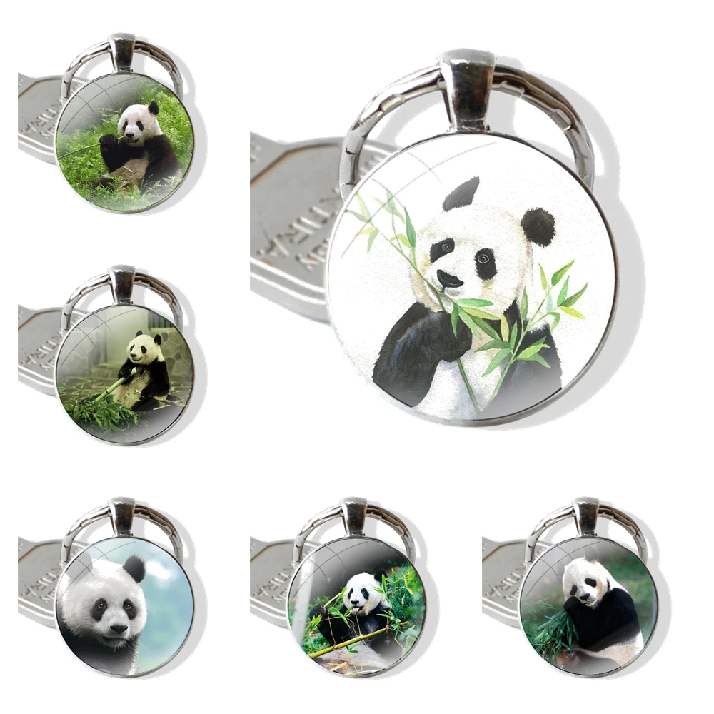 Keychain Handmade Glass Cabochon Key Ring Holder Pendant Key Chains Cute Animal Pande eating bamboo