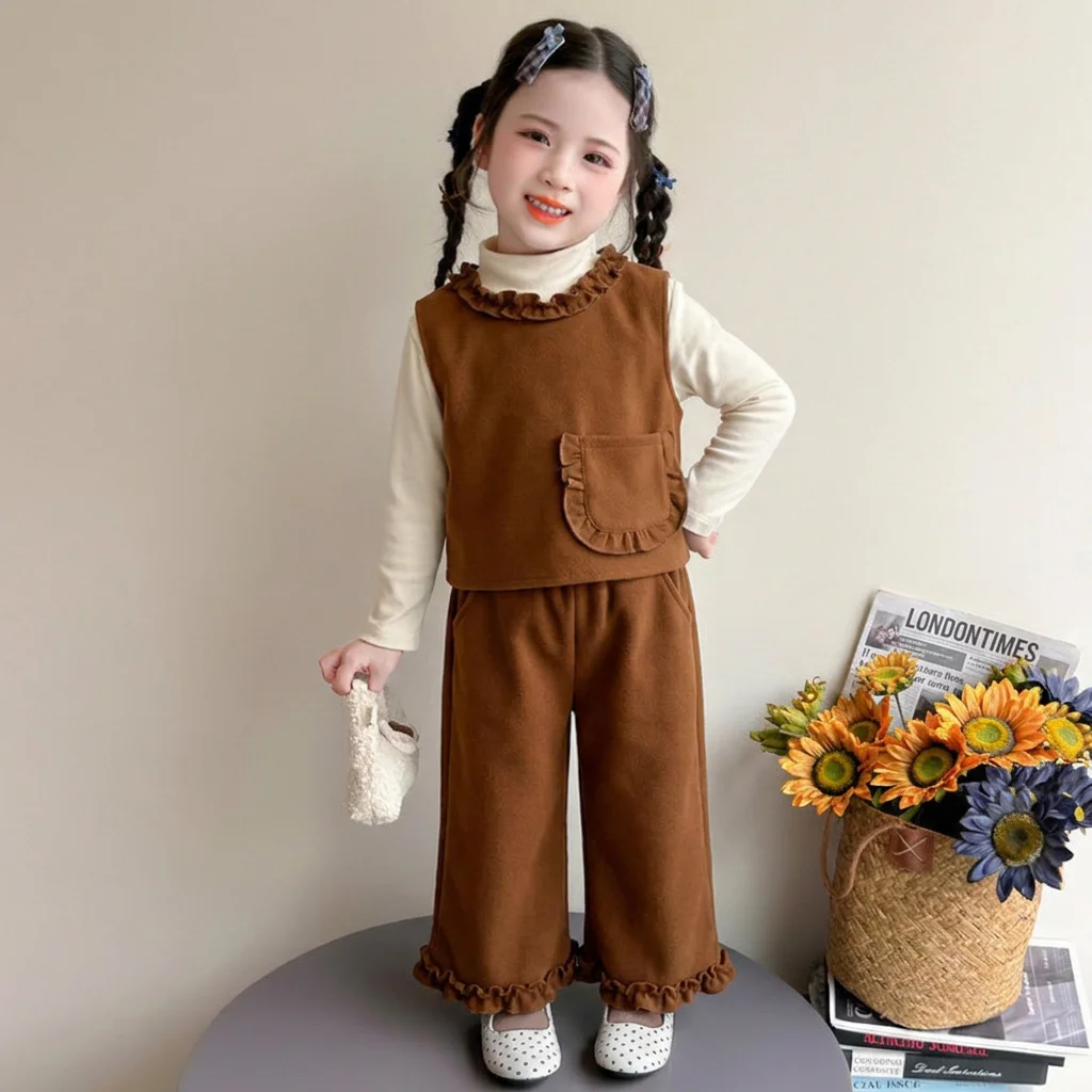 3-7-year-old Girls Take A Three Piece Long Sleeved Base Shirt+ Pocket Vest and Lace Wide Leg Pants Korean Version Autumn