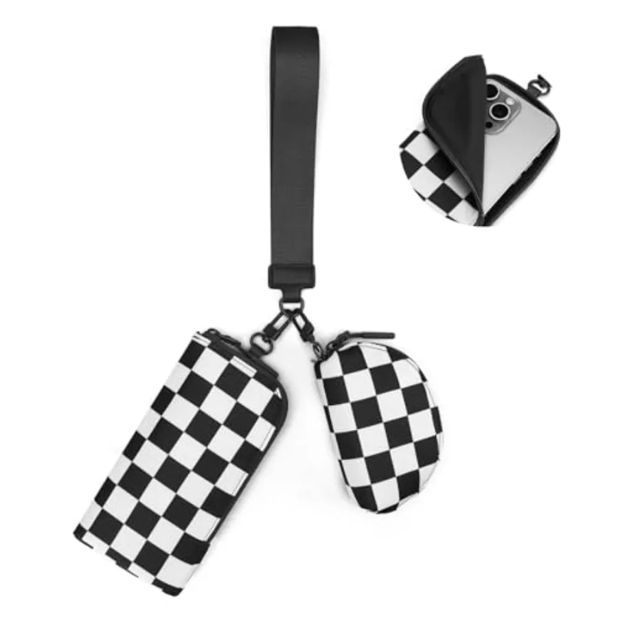 

Checkered Dual Pouch Wristlet Wallets for Women Fits Phone Small Travel Zip Around Wallet with Coin Purse