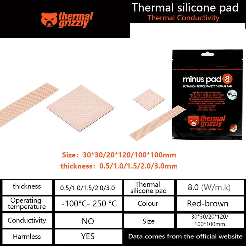 Thermische Grizzly Minus Pad 8 Thermische Pad 8.0W/Mk Moederbord/Cpu/Gpu Multi Size Grafische Kaart thermische Siliconen Pad