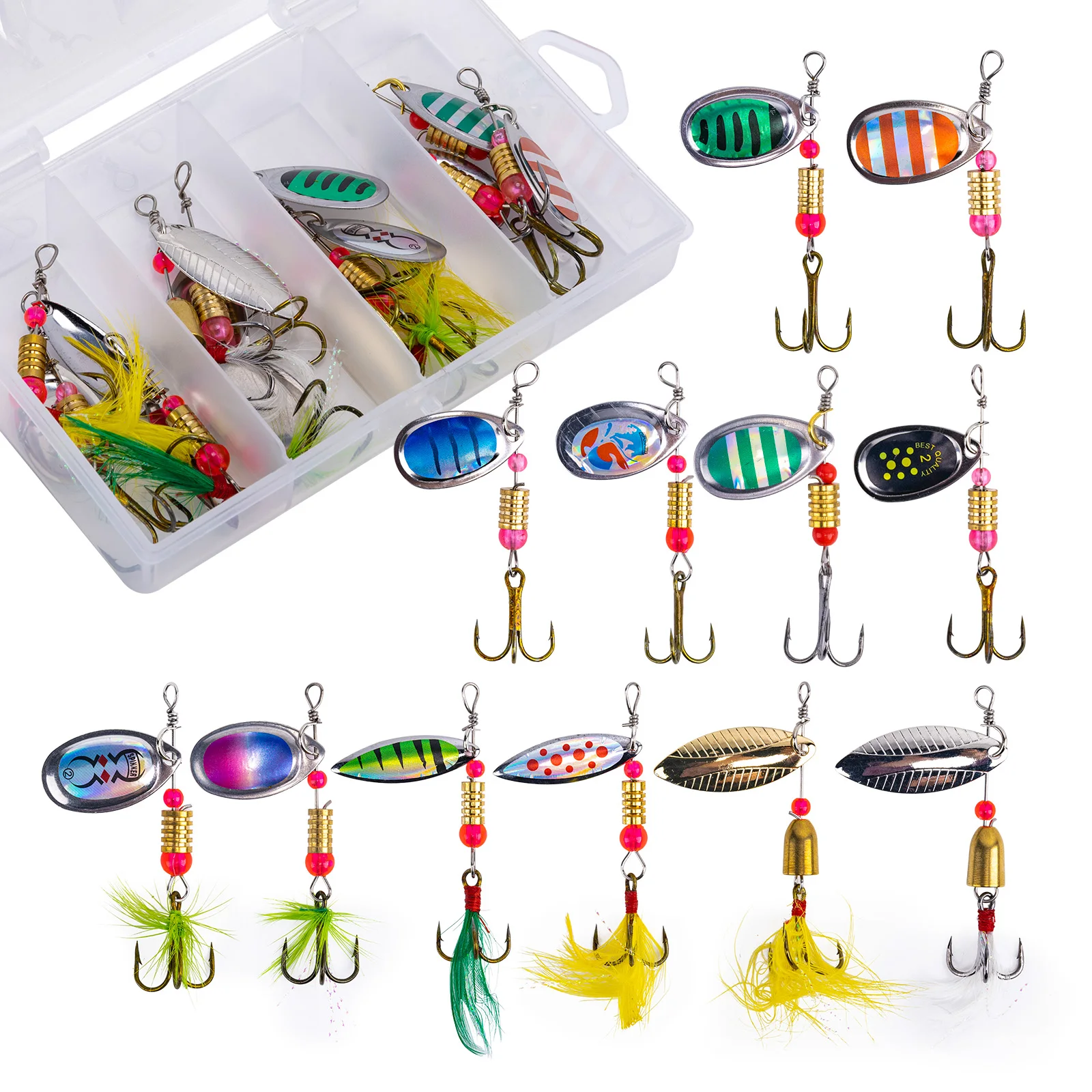Rotating Spinner Fishing Lure 360° Flash Vibration Spoon Bait 12pcs/box 6cm with Feather Treble Hook Fishing Tackle Kit
